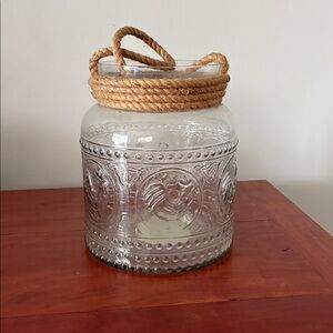 Embossed Rooster Glass Lantern Jar with Rope Handle – Farmhouse Decor